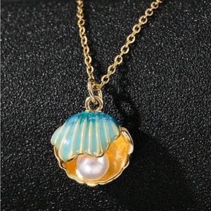 “Pearl in a Blue Clam Shell” Bivalve Seashell Mermaid Ocean Beach Steel Necklace